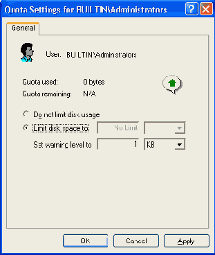 Диалоговое окно Quota Settings