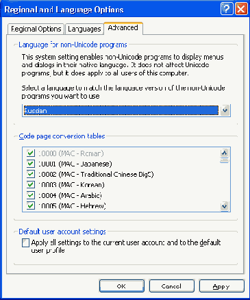 Вкладка Advanced окна Regional and Language Options